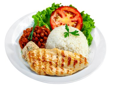 Pirinç, fasulye, salata, farofa, kızarmış tavuk.