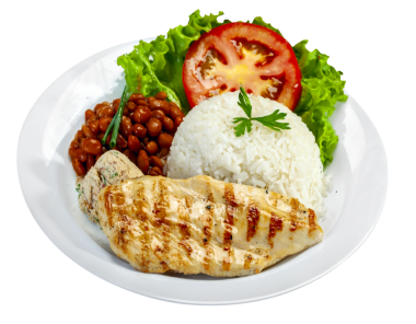 Pirinç, fasulye, salata, farofa, kızarmış tavuk.