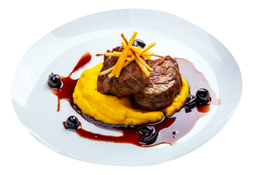 Biftek, patates püresi.