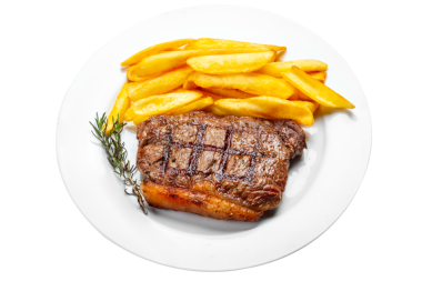 Biftek, fileto ve patates kızartması.