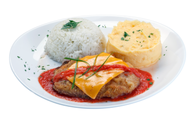 Parmigiana bifteği, pirinç, patates