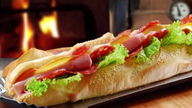 Pastırmalı sıcak sandviç, tahtanın üstünde sosis..