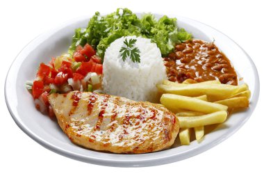 Pirinç fasulyesi ızgara tavuk biftek salatası ve patates kızartması.