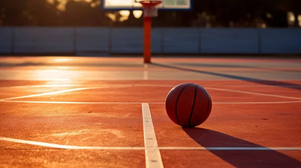 Basketball on Court Floor close up with blurred arena in background