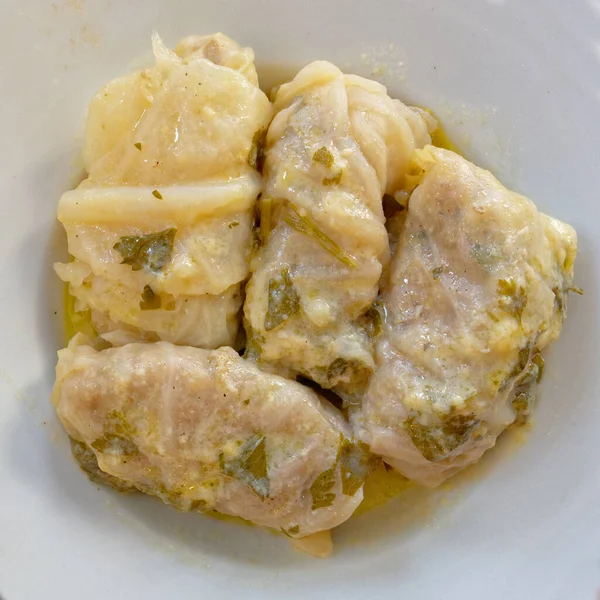 Delicious Dolmadakia Traditional Greek Cabbage Rolls Stuffed Minched Meat Rice — Fotografia de Stock