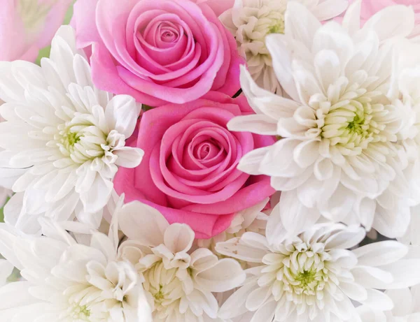Crisantemos Blancos Rosas Violetas Vista Superior Fondo Natural — Foto de Stock