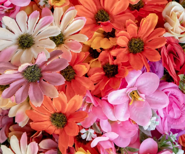 Textil Gefälschte Blumen Draufsicht Nahaufnahme Bunte Hintergrund Stockbild