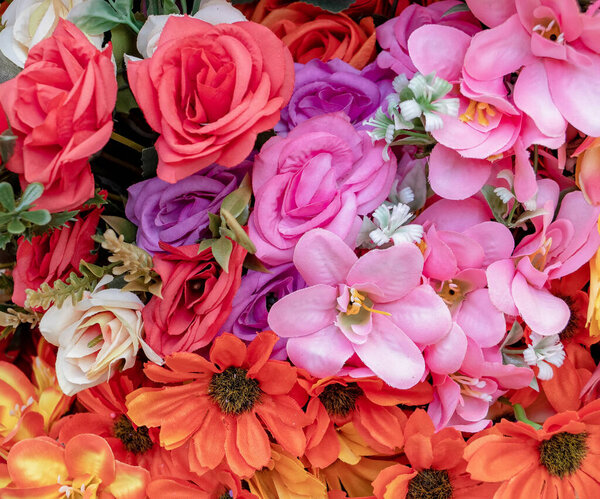 Textile Fausses Fleurs Vue Dessus Gros Plan Fond Coloré — Photo