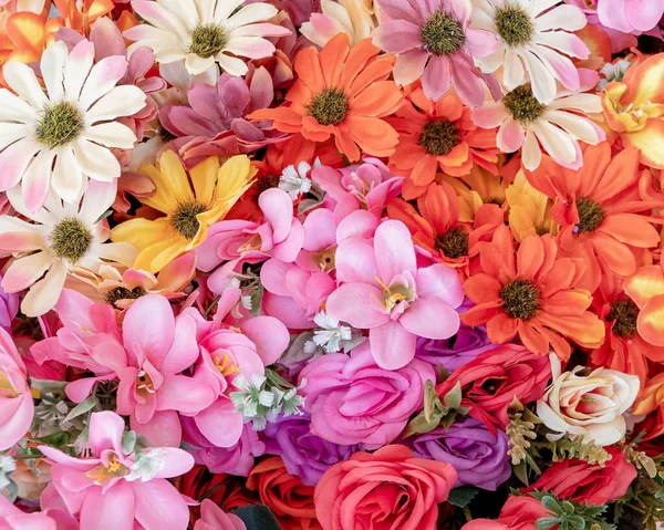 Textil Gefälschte Blumen Draufsicht Nahaufnahme Bunte Hintergrund Stockfoto