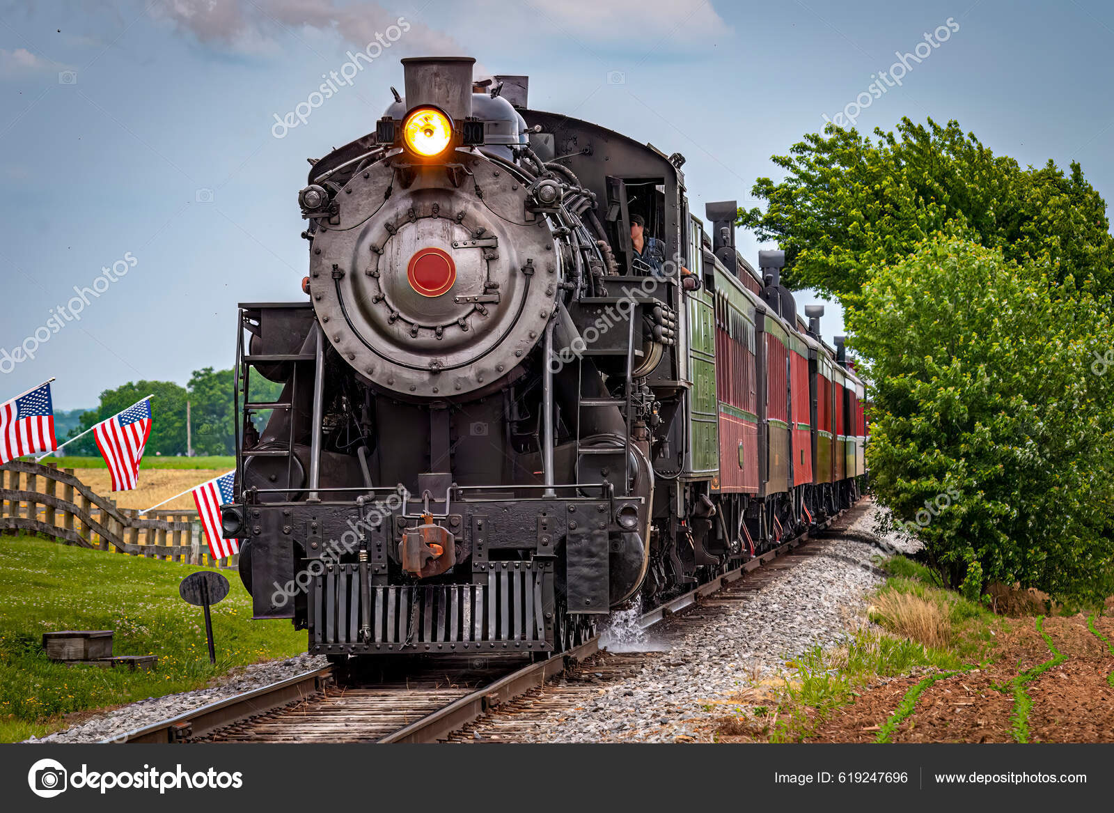 View Restored Steam Train Approaching Head American Flags