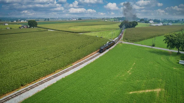 Drone View Antique Steam Engine Approaching Blowing Steam Traveling Countryside — ストック写真