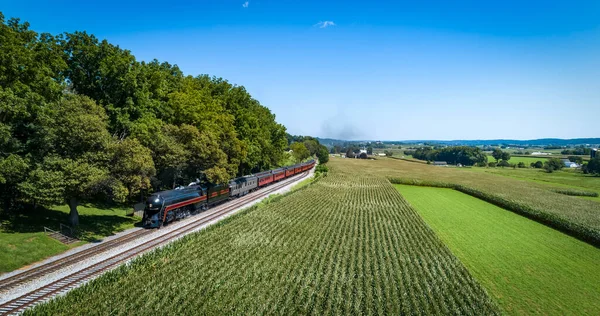 Drone View Höyryn Matkustajajuna Lähestyy Track Switch Green Corn Kentät — kuvapankkivalokuva