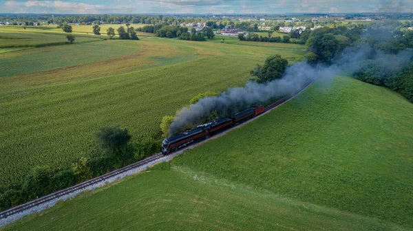 Drone View Antique Steam Engine Approaching Blowing Steam Traveling Countryside — Stock Fotó