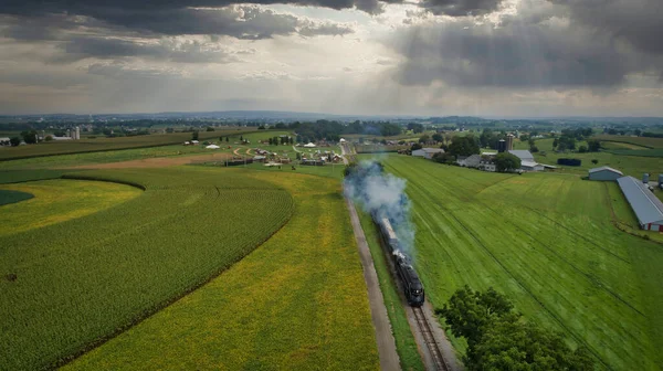 Drone View Antique Steam Engine Approaching Blowing Steam Traveling Countryside — Zdjęcie stockowe