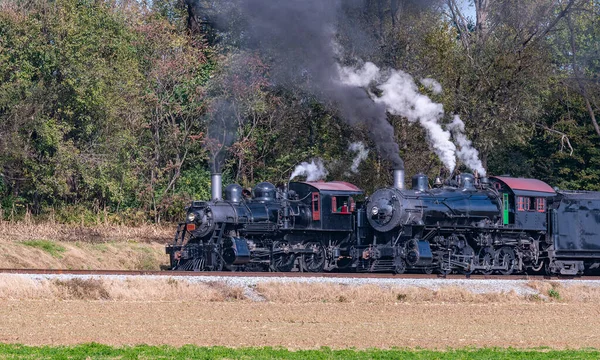 View Two Steam Engines Blowing Smoke Steam Warming Next Each — 图库照片