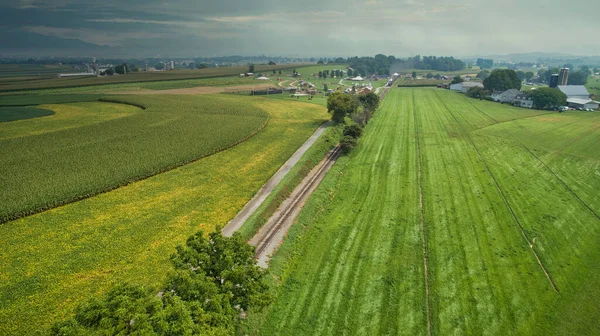 Drone View Amish Countryside Barns Silos Single Railroad Track Traveling — Φωτογραφία Αρχείου
