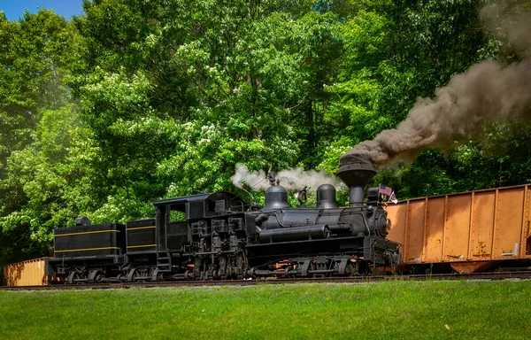 View Antique Shay Steam Engine Warming Blowing Smoke Steam Sunny — Stok fotoğraf