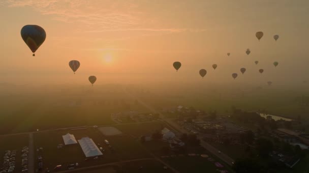 Aerial View Multiple Hot Air Balloons Floating Early Mist Red — Video