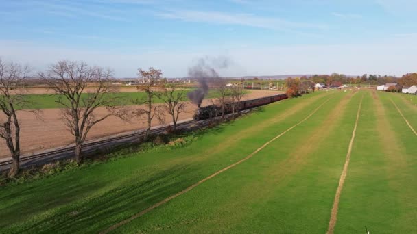 Aerial View Single Rail Road Track Going Thru Country Farmlands — Stok video