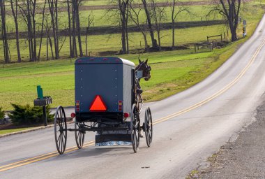 A View of an Amish Horse and Buggy Traveling Down a Hill on a Rural Road on a December Day