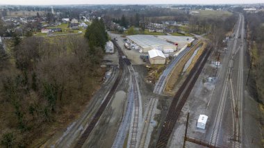 An Aerial View of a New Freight Rail Road Freight Yard Under Construction, on a Winters Day
