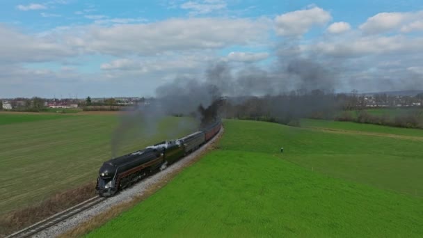 Ronks Pennsylvania November 2022 Drone Ahead View Steam Passenger Train — Vídeos de Stock