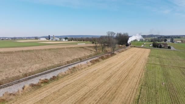 Воздушный Вид Паровоза Приближающегося Одному Железнодорожному Пути Путешествующего Фермерским Угодьям — стоковое видео