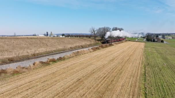 Aerial View Steam Passenger Train Approaching Single Train Track Traveling — Stock Video