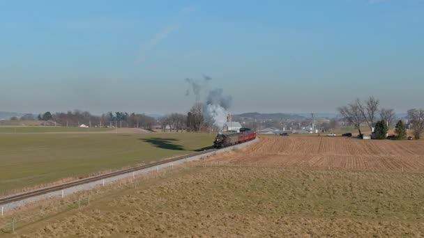 Aerial View Steam Passenger Train Approaching Single Train Track Traveling — 비디오