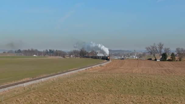 Aerial View Steam Passenger Train Approaching Single Train Track Traveling — Vídeos de Stock