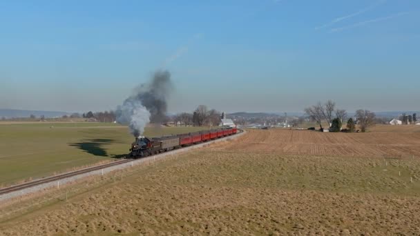 Ronks Pennsylvania December 2022 Drone Ahead View Steam Passenger Train — Vídeo de Stock