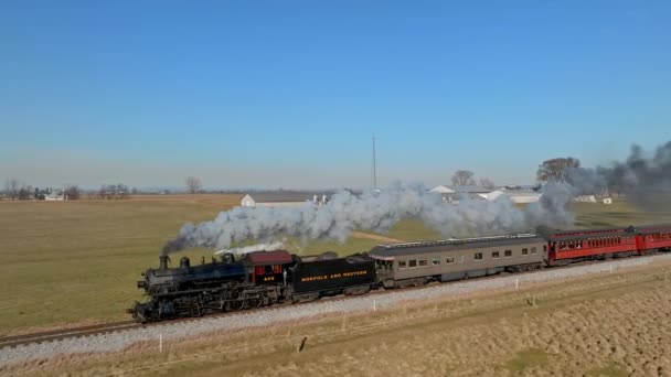 Ronks Pennsylvania December 2022 Drone Ahead View Steam Passenger Train — Vídeos de Stock