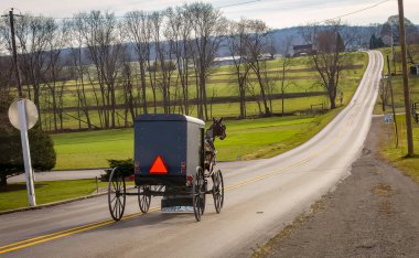 A View of an Amish Horse and Buggy Traveling Down a Hill on a Rural Road on a December Day clipart