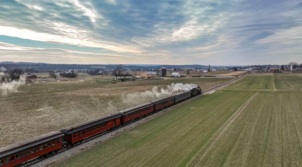 Aerial View Steam Passenger Train Approaching Traveling Thru Open Farmlands — Stock Fotó