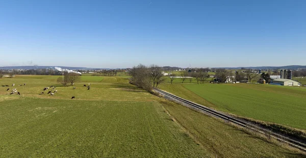 Stock image A Drone View of Cows and Farmlands With a Single RR Track and a Steam Train Approaching Blowing Smoke and Steam on a Winter Day