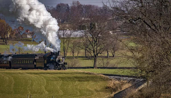 View Antique Passenger Train Approaching Blowing Smoke Steam Autumn Day — 图库照片