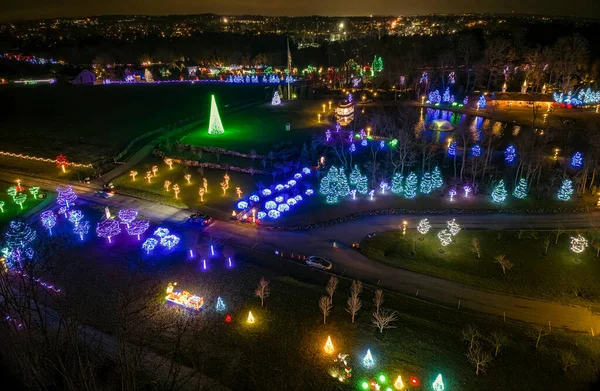 Aerial View Large Christmas Drive Thru Display Multi Colored Lights — ストック写真