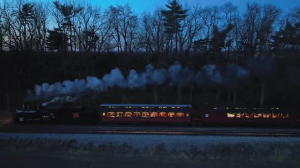 Ronks Pennsylvania November 2022 Drone Night View Steam Passenger Train — 비디오