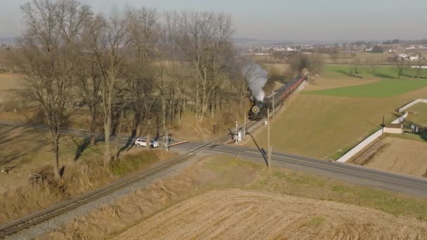 Drone Zooming View Out Slow Motion Approaching Steam Passenger Train — Stok Video