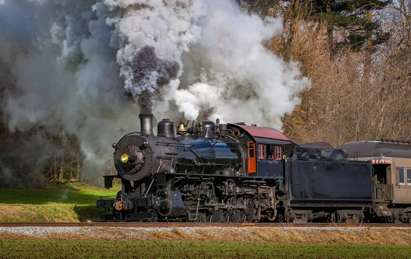 View Classic Steam Passenger Train Blowing Lots Smoke Steam While — Stockfoto