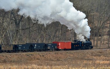 Shirleysburg, Pensilvanya, 19 Şubat 2023 - Bir Kış Gününde Dar Göstergeli Buharlı Treni Yenilenmiş Duman ve Seyahat Etme Toprakları