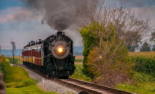 Dlouhá Hlava Pohled Restaurovaný Starožitný Parní Vlak Přijíždějící Letní Den — Stock fotografie