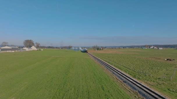 Uma Visão Drone Vacas Fazendas Com Uma Única Pista Trem — Vídeo de Stock