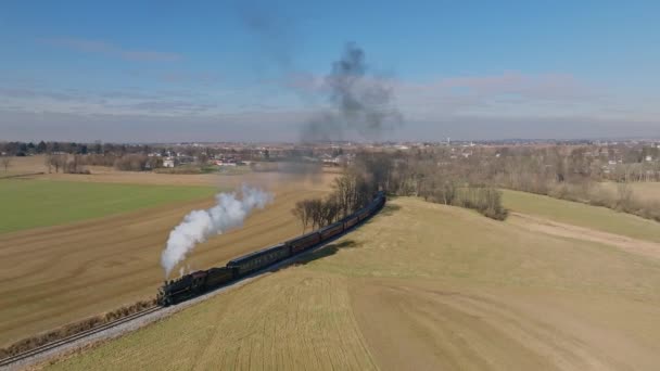Ronks Pennsylvania December 2022 Luftudsigt Langsom Bevægelse Steam Passagertog Nærmer – Stock-video