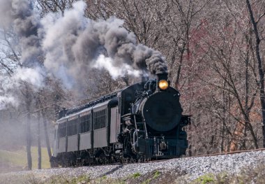 Güneşli bir Kış Günü 'nde Önümüzde ve Hafifçe Düşük Görünürde Yenilenmiş Dar Göstergeli Yolcu Buharlı Treni Dumanı ve Buhar Esintisi