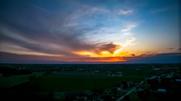 Drone View Red Sunset Peaking Thru Clouds Looking Rural Countryside — Stock Photo, Image