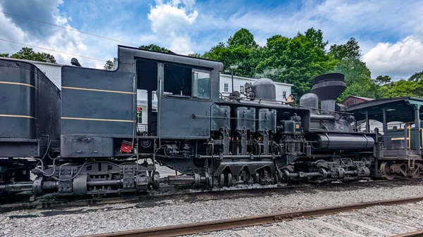 Close Uitzicht Een Antieke Shay Steam Locomotieven Lopen Versnellingen Als — Stockfoto