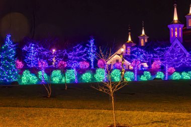 Bir sürü renkli ışıklandırmalı ağaç, binalar, çalılıklar ve güzel bir gecede büyük bir sürücünün Noel görüntüsü.