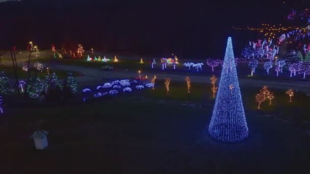Drone Widok Duży Wyświetlacz Świąteczny Wieloma Kolorowymi Światłami Led Drzewie — Wideo stockowe