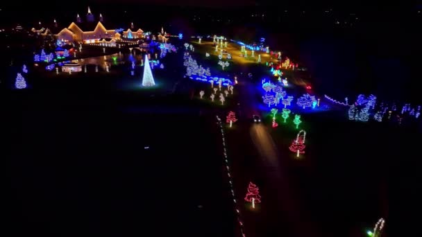Letecký Pohled Velký Vánoční Displej Lit Led Osvětlení Stromě Keře — Stock video